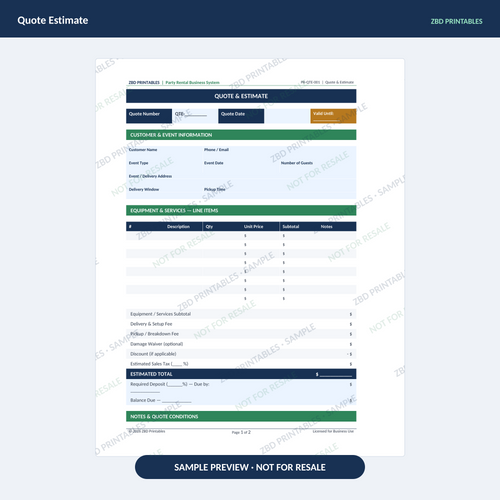 Sample page from Party Rentals Ultimate Business System