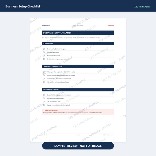 Sample page from Auto Repair Business Starter Kit