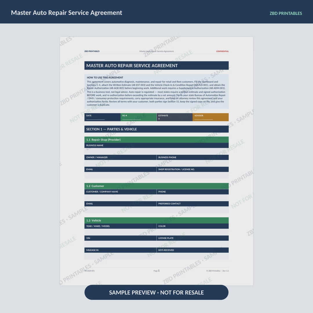 Auto Repair Professional Agreement Kit